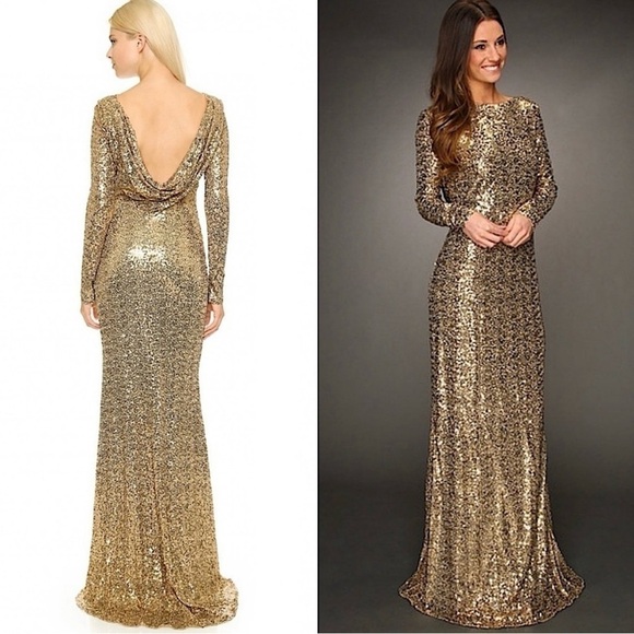 BADGLEY MISCHKA Gold Sequin Long Sleeve Boat Neck Cowl Back Stretch Maxi Gown 8 - Picture 2 of 11